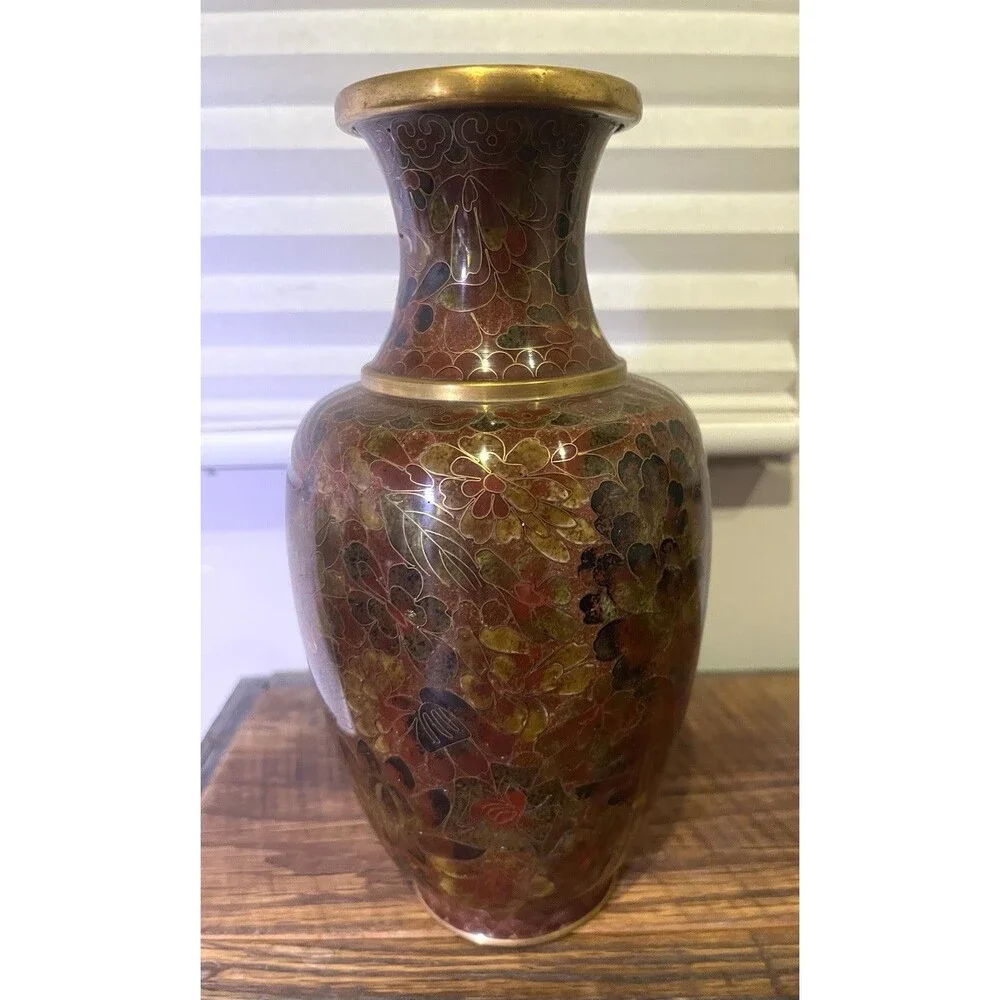 Vintage Chinese Cloissone Enamel And Brass Vase 8.5”